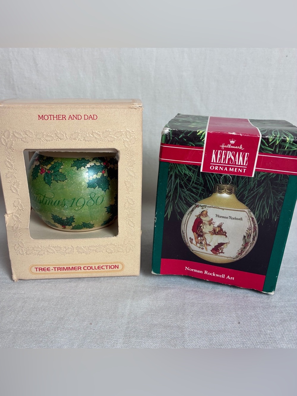 Vintage Hallmark Keepsake Ornament Lot 1980 Mother Dad 1991 Norman Rockwell Box
